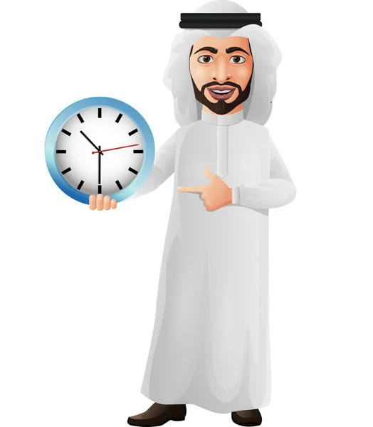 阿拉伯商人拿着并指向一个挂钟的矢量图 — 图库矢量图片