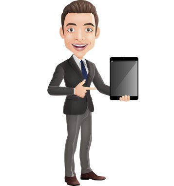 Çizgi film kahramanı mutlu genç iş adamının tablet tutuşu.