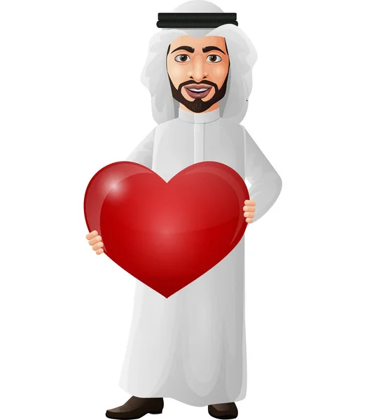 Vektorillustration Eines Arabischen Geschäftsmannes Der Ein Rotes Herz Hält — Stockvektor
