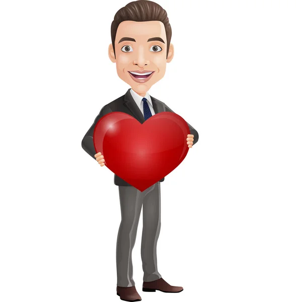 Illustration Vectorielle Cartoon Heureux Jeune Homme Affaires Tenant Cœur Rouge — Image vectorielle