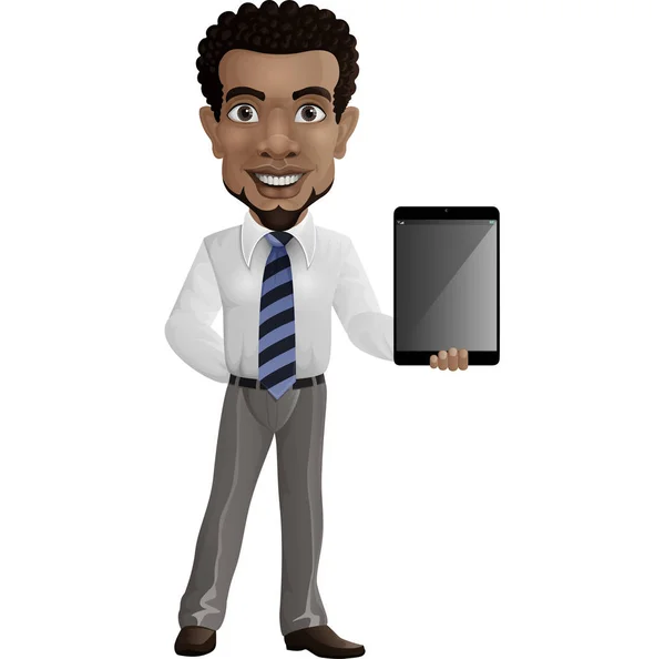 Vector Illustration Cartoon Businessman Holding Tablet — Stock Vector