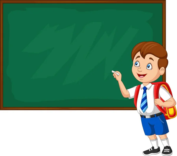 Vector Illustratie Van Cartoon School Jongen Uniform Schrijven Het Schoolbord — Stockvector