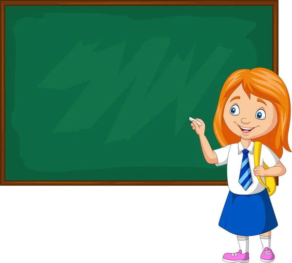 Vector Illustration Cartoon Schoolgirl Uniform Writing Blackboard — Stock Vector