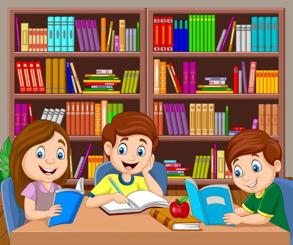 Ilustración Vectorial Niños Dibujos Animados Estudiando Biblioteca — Vector de stock