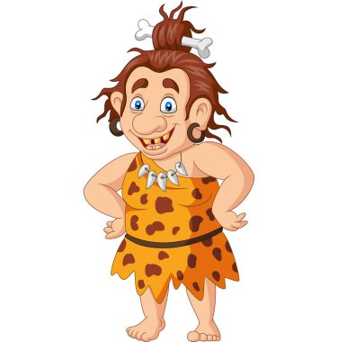 Beyaz arka planda gülümseyen mağara kadını karikatürü