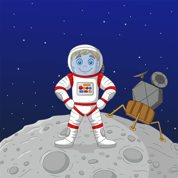 Vector illustration of Cartoon boy astronaut standing on the moon