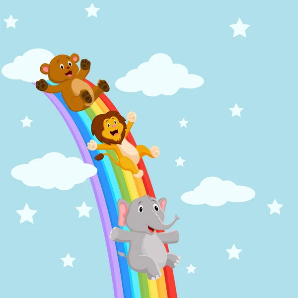 Vector Illustration Animals Sliding Rainbow — Stock Vector