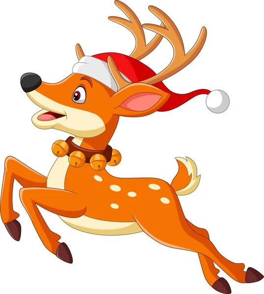 Vector Illustration Cartoon Deer Santa Hat Jumping — Stock Vector