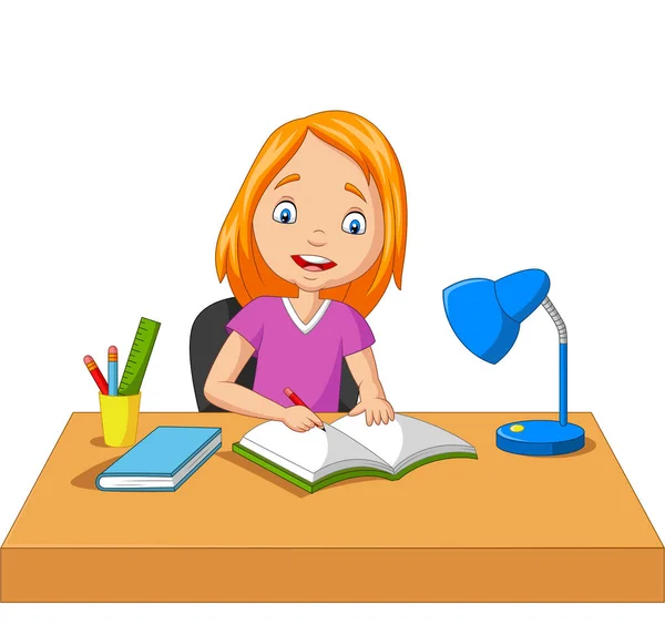 Vektor Illustration Von Cartoon Mädchen Beim Lernen Und Schreiben — Stockvektor