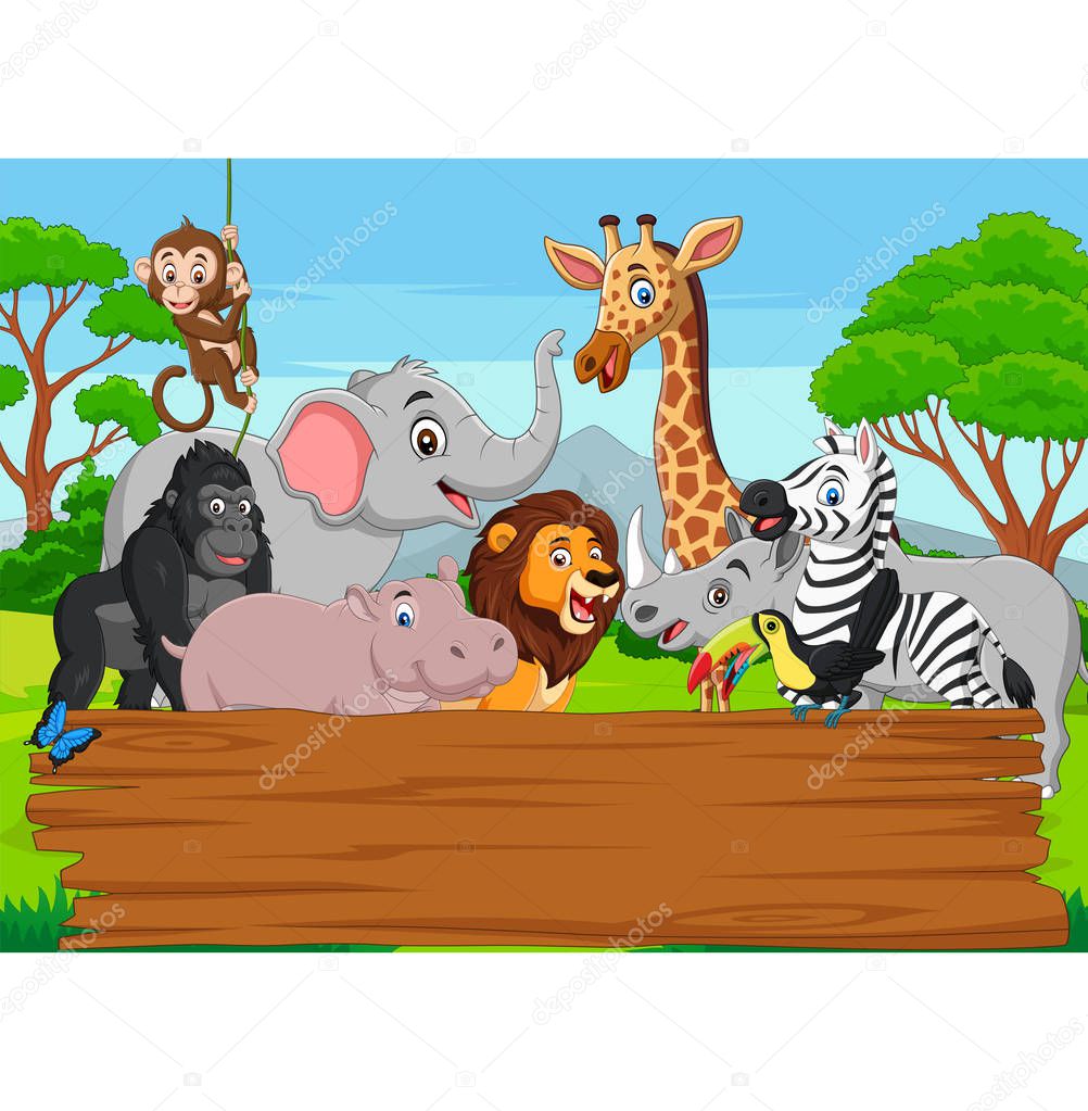Vector illustration of Cartoon wild animal with blank board in the jungle