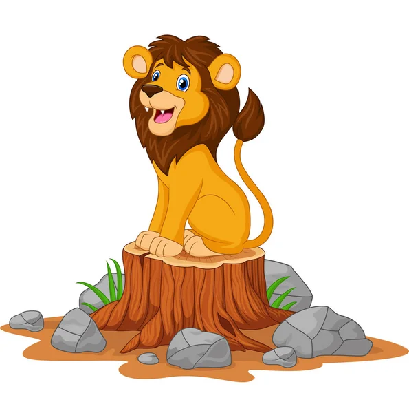 Векторная Иллюстрация Счастливого Льва Сидящего Пне — стоковый вектор