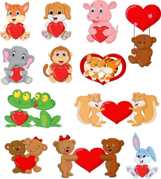 Vector Illustration Set Cute Animals Red Heart — ストックベクタ