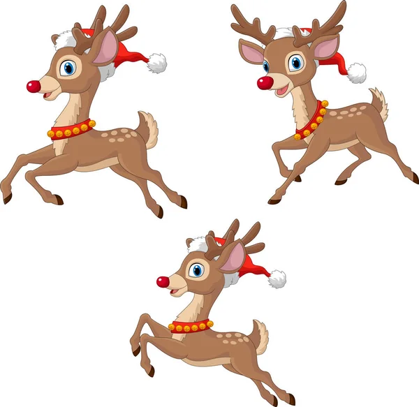 Vector Illustration Cartoon Christmas Reindeers Wearing Santa Claus Hat — Stock Vector