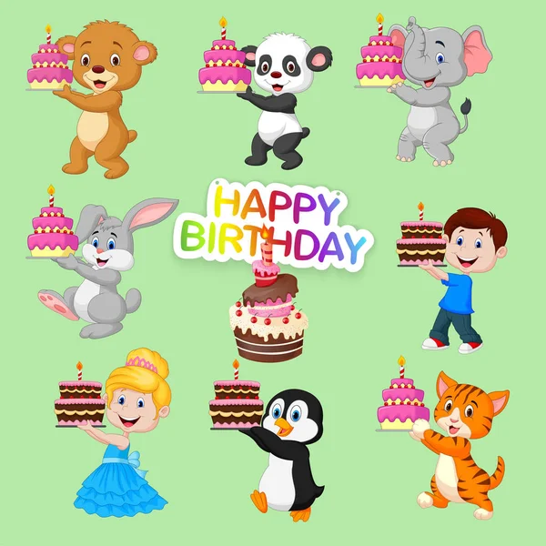 Vector Illustration Set Cute Animals Kids Happy Birthday Design — Stock Vector