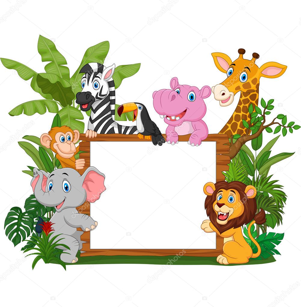 Vector illustration of Cartoon wild animals holding blank board