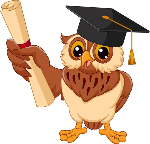 Vektor Ilustrasi Burung Hantu Kartun Mengenakan Topi Kelulusan Memegang Diploma - Stok Vektor