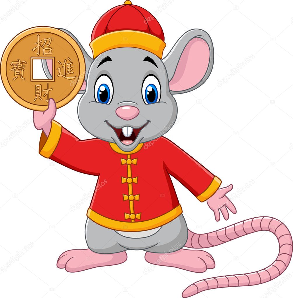 Vector illustration of Cartoon rat in chinese traditional costume holding gold coin. Chinese translation : Happy chinese new year