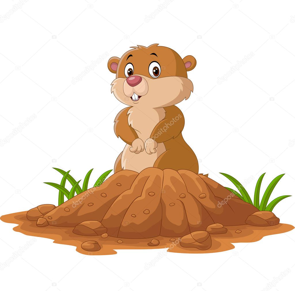 Vector illustration of Cartoon funny groundhog standing outside its burrow