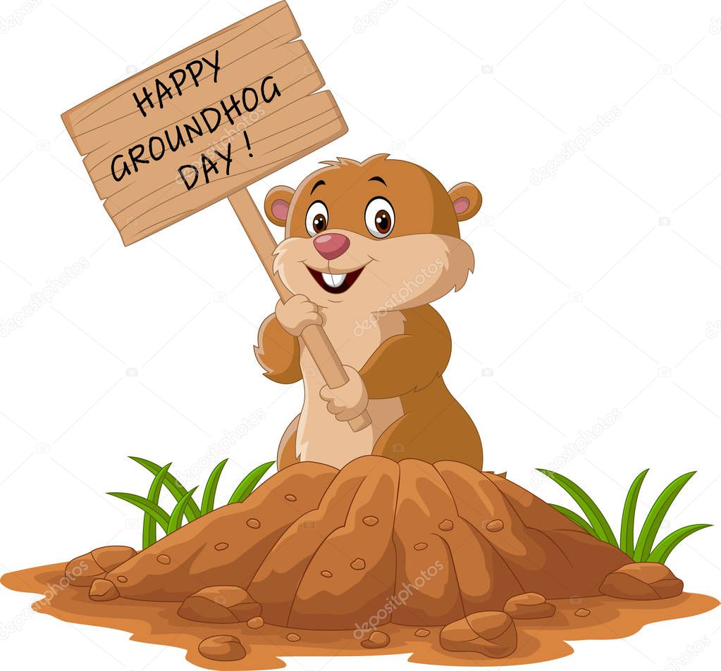Vector illustration of Happy groundhog day. Funny groundhog holding wooden sign
