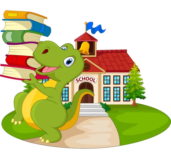 Vector Illustratie Van Cartoon Dinosaurus Dragen Stapel Boeken Front Schoolgebouw — Stockvector