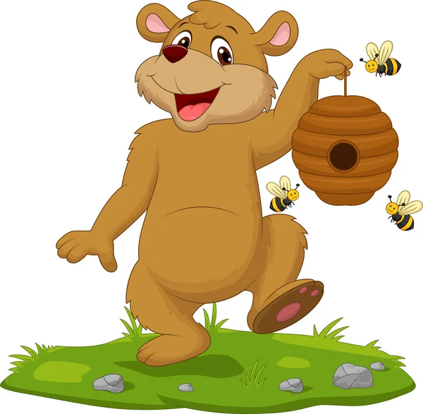 Vector Illustration Cartoon Bear Holding Beehive Grass — Stock Vector