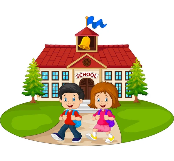 Εικονογράφηση Διάνυσμα Των Παιδιών Happy Σχολείο Μπροστά Από Σχολείο — Διανυσματικό Αρχείο