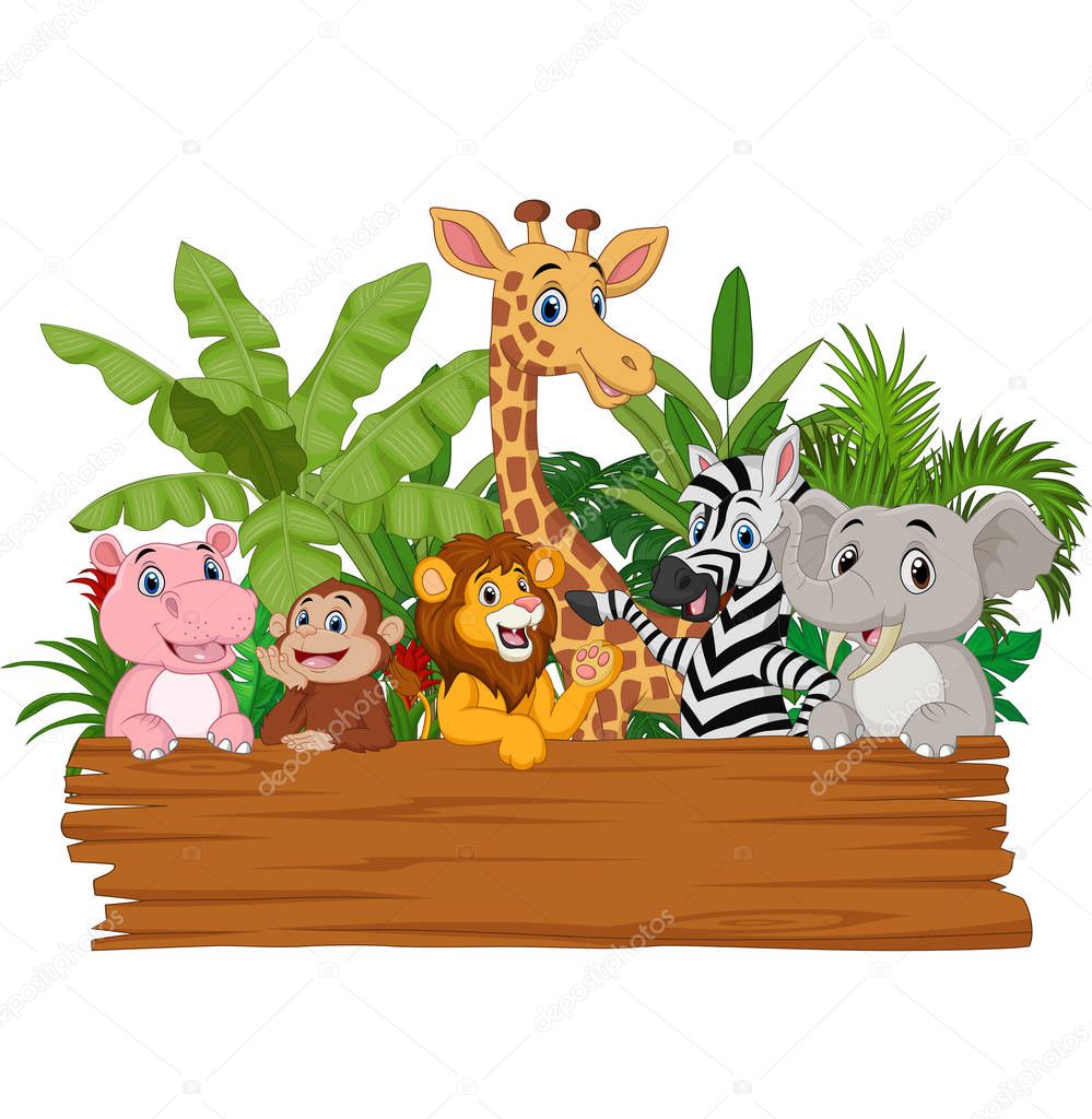 Vector illustration of Cartoon wild animals holding blank board