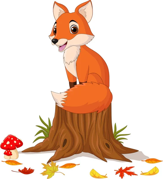 Vector Illustration Cartoon Happy Fox Sitting Tree Stump — Stock Vector