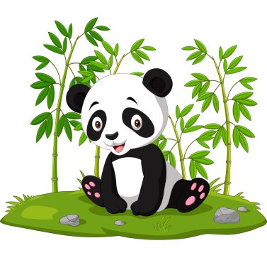 Karikatür bebeğinin orman bambusunda oturan pandanın vektör çizimi