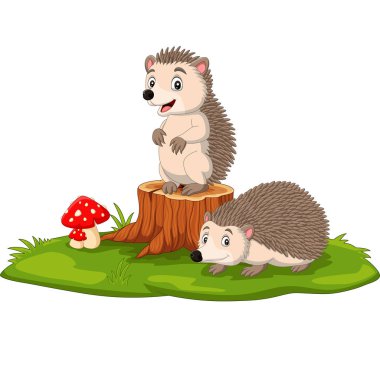 Karikatür 2 'nin ağaç kütüğündeki bebek kirpinin vektör çizimi