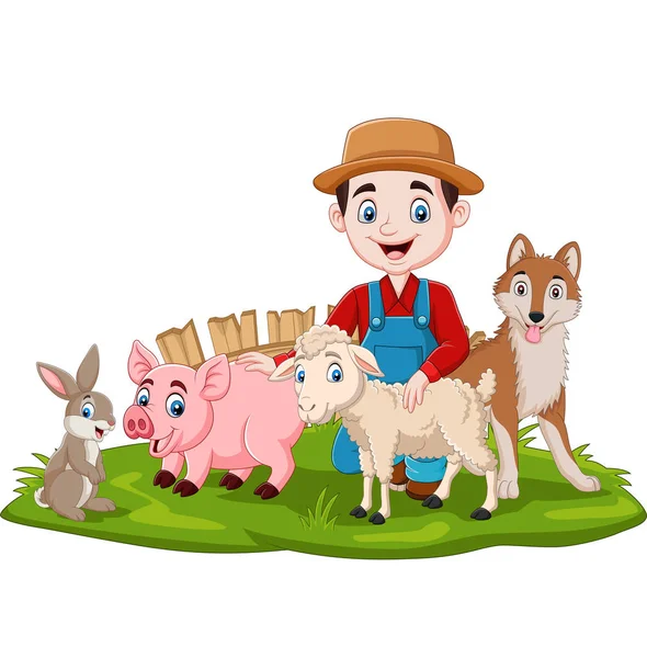 Vektor Illustration Lantbrukare Med Husdjur Gräset — Stock vektor