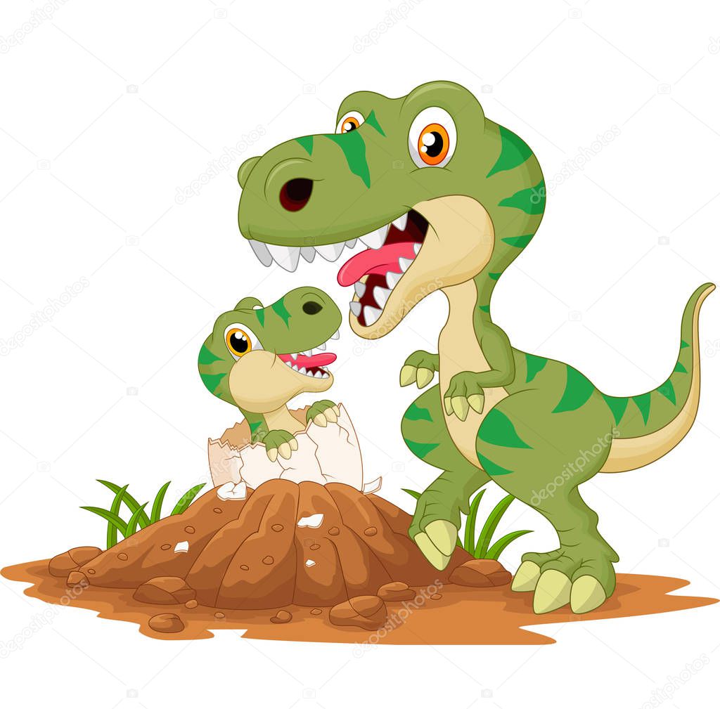 Vector illustration of Mother tyrannosaurus with baby hatching