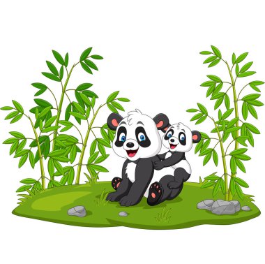 Bambu ağacında anne ve bebek pandanın vektör çizimi