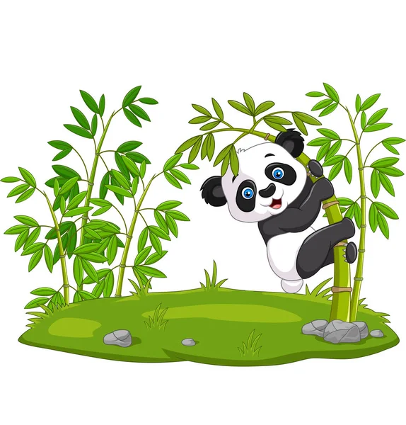 Vector Illustration Cute Funny Baby Panda Hanging Bamboo — ストックベクタ