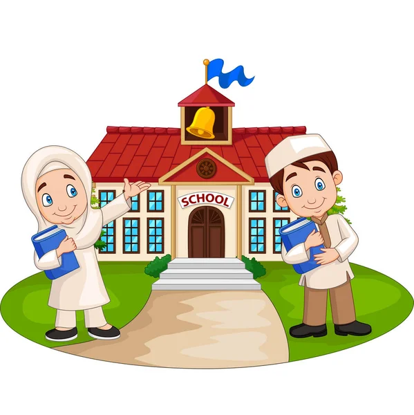 Vector Illustration Happy Cartoon Muslim Kids Front School Building — ストックベクタ