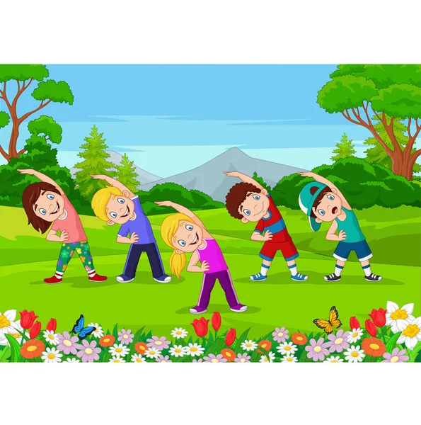 Vektor Ilustrasi Kartun Anak Anak Kecil Berolahraga Taman - Stok Vektor