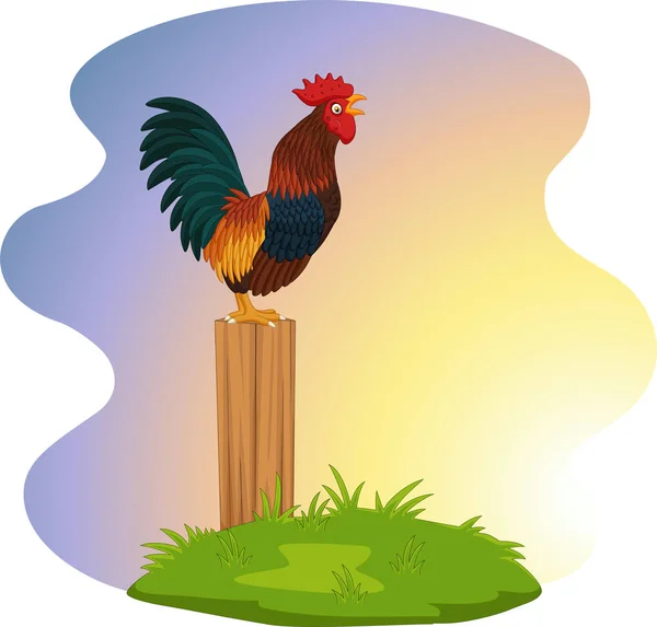 Vector Illustration Cute Rooster Crowing Fence — Stock Vector
