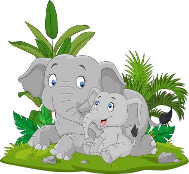 Vector illustration of Cartoon Mother and baby elephant in the grass