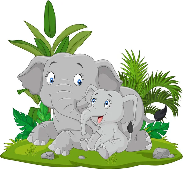 Ilustración Vectorial Dibujos Animados Madre Bebé Elefante Hierba — Vector de stock
