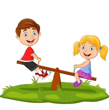 Vector illustration of Cartoon kids playing on seesaw in the park