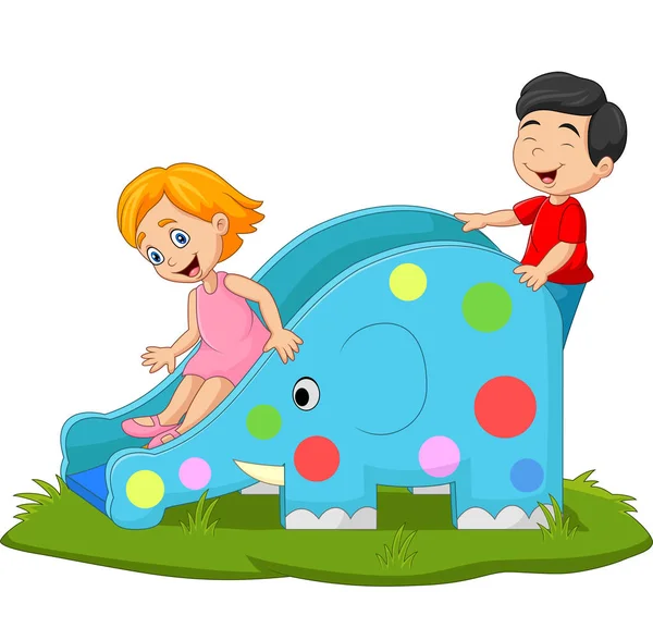 Vector Illustration Little Kids Playing Elephant Slide — ストックベクタ