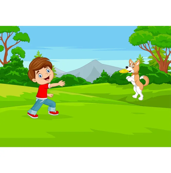 Vektor Ilustrasi Dari Anak Kartun Bermain Frisbee Dengan Anjingnya Taman - Stok Vektor