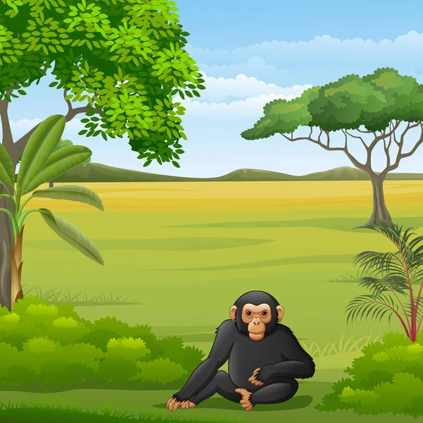 Vector Illustratie Van Cartoon Chimpansee Savannah — Stockvector