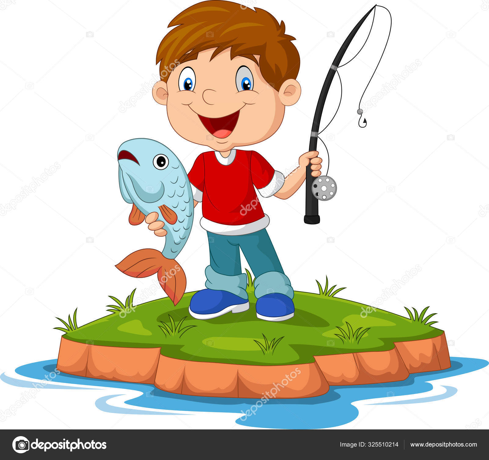 Ilustração Vetorial Cartoon Feliz Menino Pesca imagem vetorial de