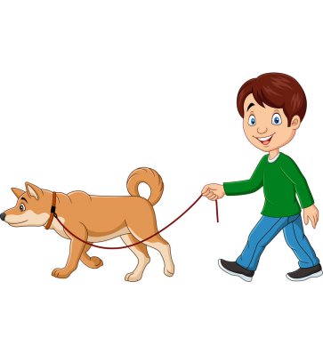 Köpekle gezen sevimli çocuğun vektör çizimi