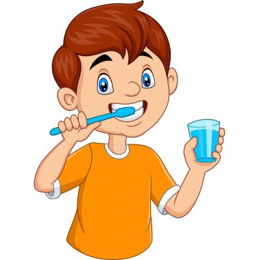 Küçük şirin çocuğun dişlerini fırçalamasının vektör çizimi