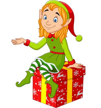Hediyenin üzerinde oturan Karikatür Noel Elfi 'nin temsilcisi.