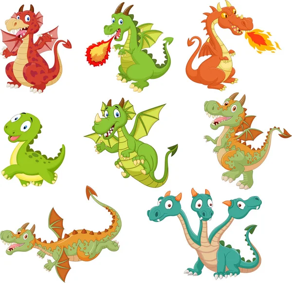 Ilustración Vectorial Conjunto Dibujos Animados Dragones Sobre Fondo Blanco — Vector de stock