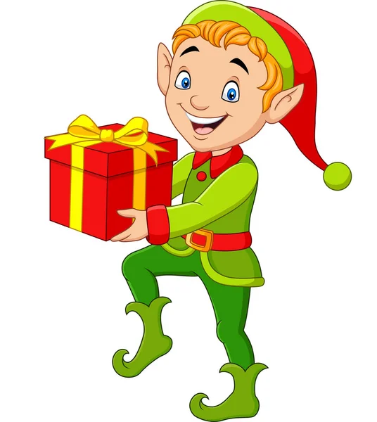 Vector Illustration Happy Green Elf Boy Holding Gifts — Stock Vector