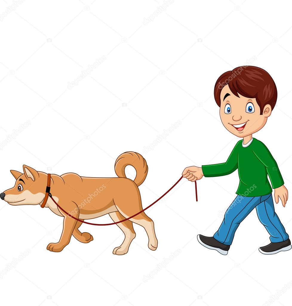 Vector illustration of Cute boy walking with dog